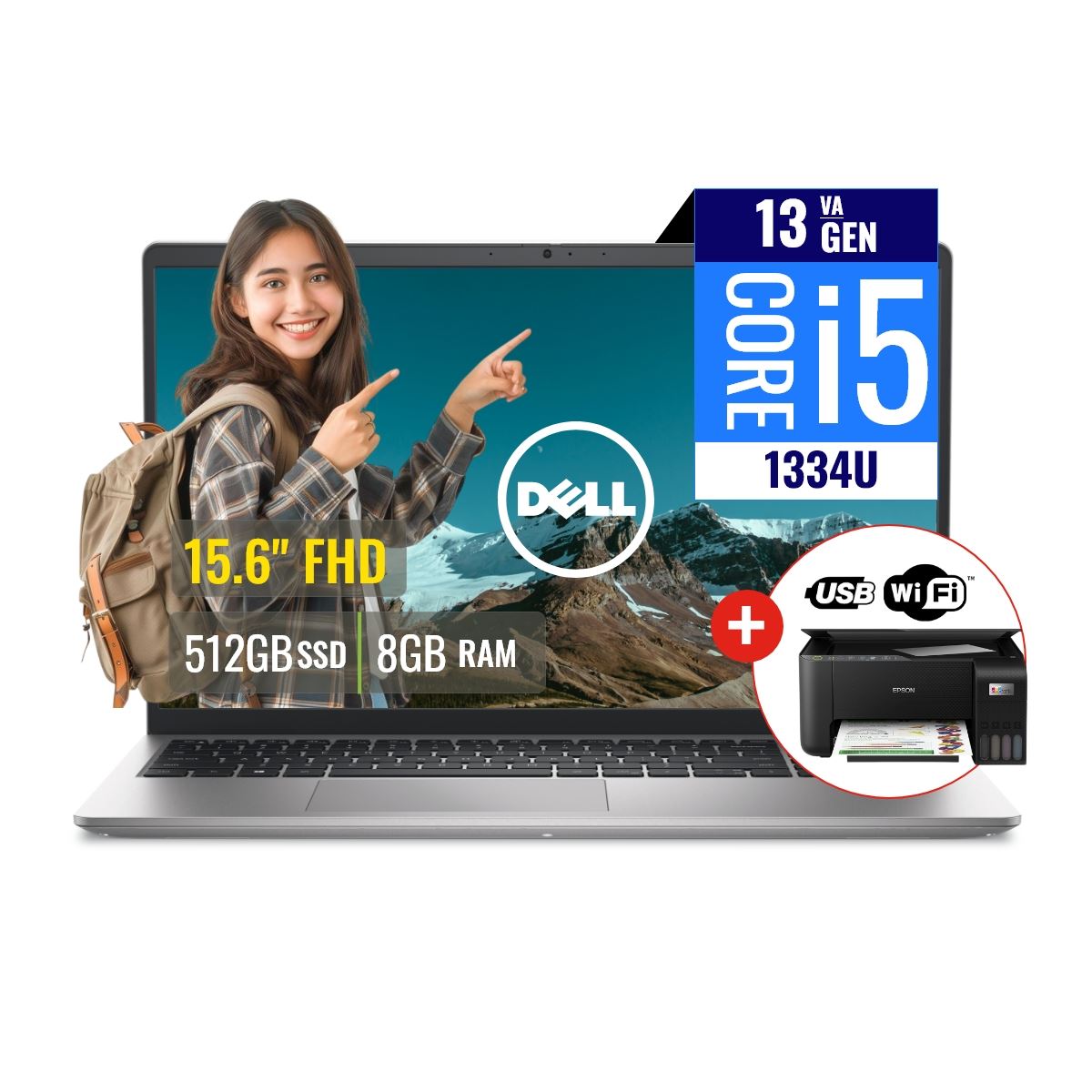 Combo Laptop Dell DC15250 Intel Core i5 8GB RAM 512GB SSD 15.6 FHD FreeDOS + Impresora L3250 con WiFi